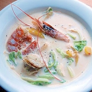 魚介でヘルシー❤ミルク味噌スープ♪（キムチ他）